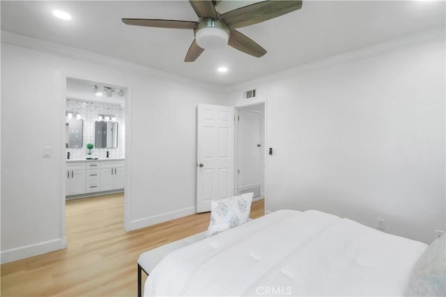 17824 Holmes Ave, Cerritos, CA 90703 - bedroom featuring ornamental molding, light wood-style floors, connected bathroom, recessed lighting, and a ceiling fan