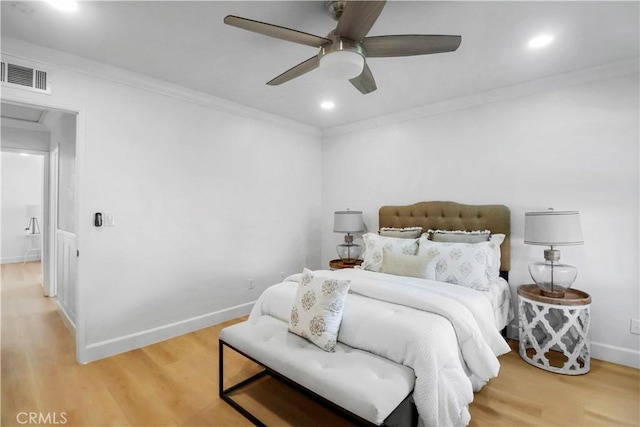 17824 Holmes Ave, Cerritos, CA 90703 - bedroom with light wood-type flooring, ornamental molding, recessed lighting, and a ceiling fan