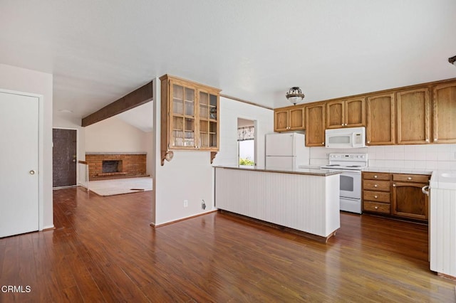 1310 Anza Ct, Oxnard, CA 93035 - kitchen featuring white appliances, a peninsula, glass insert cabinets, brown cabinets, and dark wood-style flooring