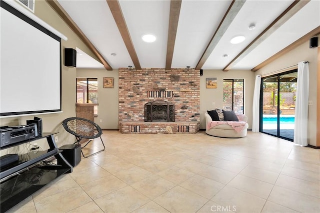 19996 Eyota Rd, Apple Valley, CA 92308 - living room featuring beamed ceiling, a fireplace, tile patterned flooring, and healthy amount of natural light
