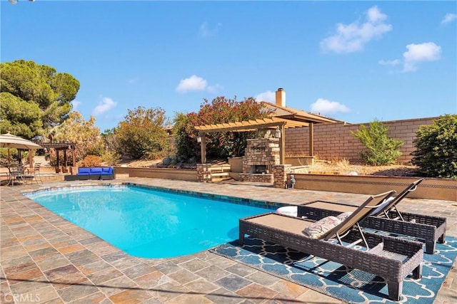 19996 Eyota Rd, Apple Valley, CA 92308 - outdoor pool with a pergola, a patio, and an outdoor fireplace