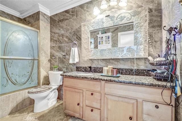 3486 Santa Clara Cir, Costa Mesa, CA 92626 - bathroom featuring ornamental molding, tile walls, and vanity