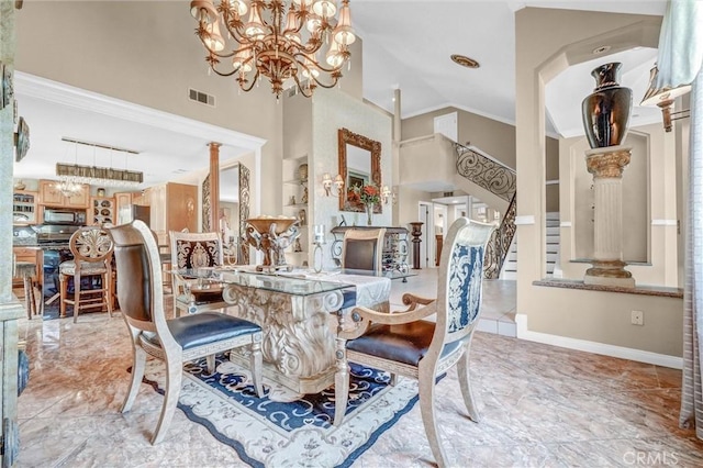 3486 Santa Clara Cir, Costa Mesa, CA 92626 - dining space with a towering ceiling, ornamental molding, stairway, and a chandelier