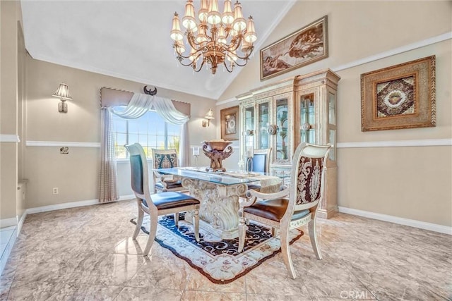 3486 Santa Clara Cir, Costa Mesa, CA 92626 - dining area featuring a chandelier, marble look tiles, and high vaulted ceiling