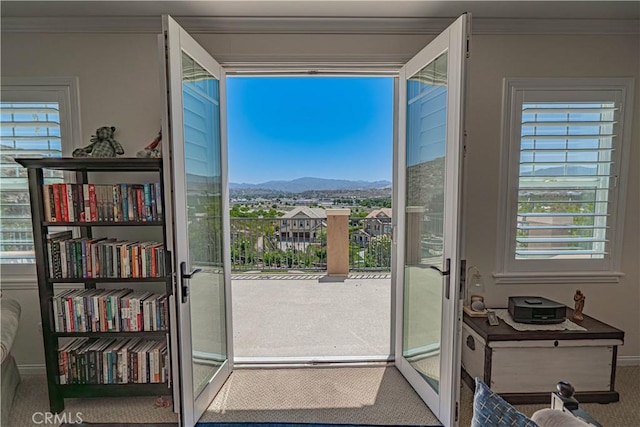 22348 Driftwood Ct, Saugus, CA 91350 - doorway to outside with carpet and a mountain view