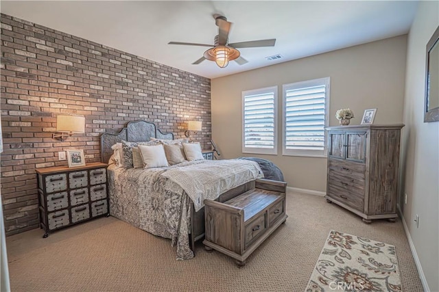 22348 Driftwood Ct, Saugus, CA 91350 - bedroom featuring brick wall, light carpet, and a ceiling fan