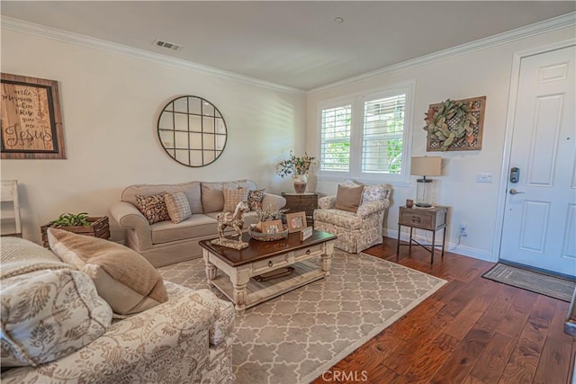 22348 Driftwood Ct, Saugus, CA 91350 - living room featuring dark wood-style flooring and ornamental molding