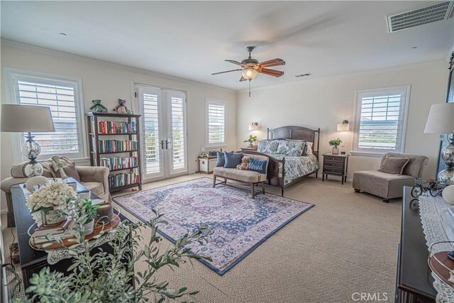 22348 Driftwood Ct, Saugus, CA 91350 - bedroom with access to outside, multiple windows, crown molding, carpet flooring, and french doors