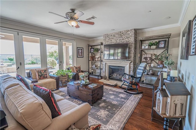 22348 Driftwood Ct, Saugus, CA 91350 - living area featuring ceiling fan, wood finished floors, crown molding, a fireplace, and french doors