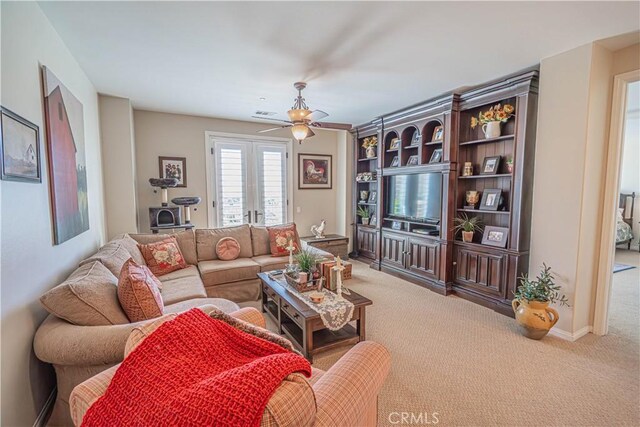 22348 Driftwood Ct, Saugus, CA 91350 - living area with carpet flooring, ceiling fan, and french doors