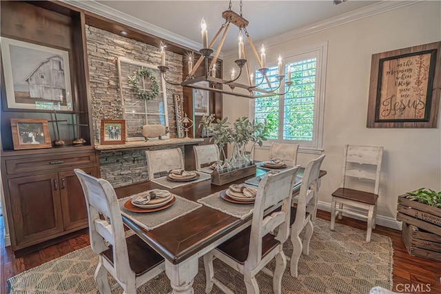 22348 Driftwood Ct, Saugus, CA 91350 - dining area featuring a chandelier, crown molding, and dark wood-style floors