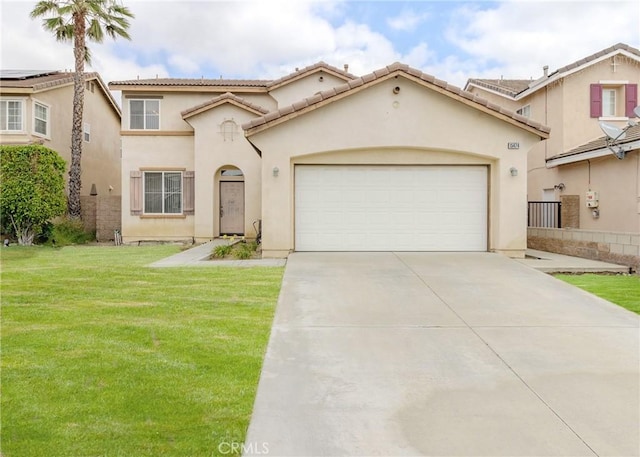 15474 Jackson Dr, Fontana, CA 92336 - mediterranean / spanish-style house with an attached garage, concrete driveway, a front lawn, and stucco siding
