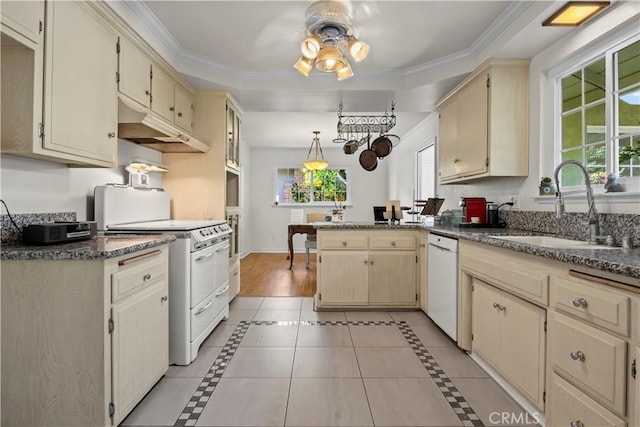 13232 Lorca Rd, La Mirada, CA 90638 - kitchen with white appliances, under cabinet range hood, a peninsula, cream cabinetry, and ceiling fan