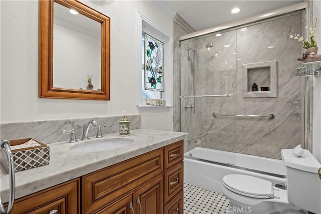 13232 Lorca Rd, La Mirada, CA 90638 - bathroom featuring vanity, combined bath / shower with glass door, and recessed lighting