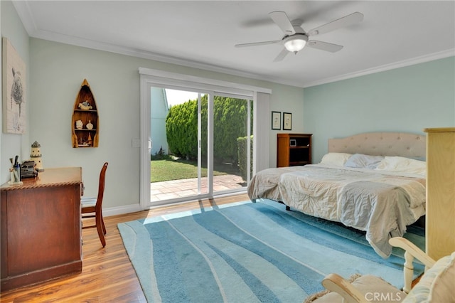 1428 N Erin Ave, Upland, CA 91786 - bedroom featuring access to outside, light wood-style flooring, crown molding, and ceiling fan