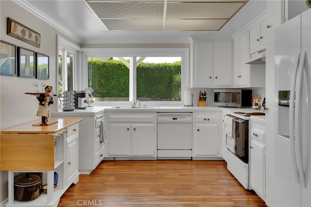 1428 N Erin Ave, Upland, CA 91786 - kitchen featuring white appliances, tile countertops, open shelves, light wood finished floors, and white cabinetry