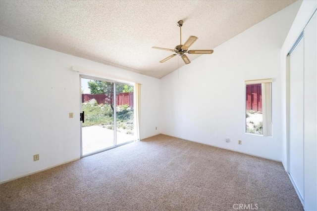 42205 Rubicon Cir, Temecula, CA 92591 - empty room with carpet, a textured ceiling, a ceiling fan, and lofted ceiling