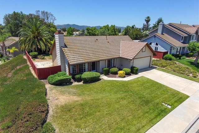 42205 Rubicon Cir, Temecula, CA 92591 - ranch-style house featuring driveway, a chimney, a tiled roof, a garage, and stucco siding