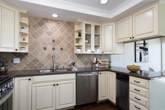 2535 Jefferson St Unit 10, Carlsbad, CA 92008 - kitchen with appliances with stainless steel finishes, open shelves, cream cabinetry, recessed lighting, and backsplash
