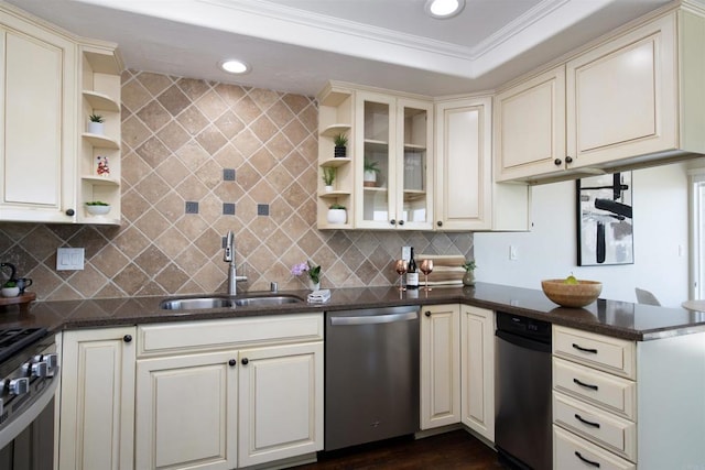 2535 Jefferson St Unit 10, Carlsbad, CA 92008 - kitchen with stainless steel appliances, open shelves, cream cabinets, recessed lighting, and decorative backsplash