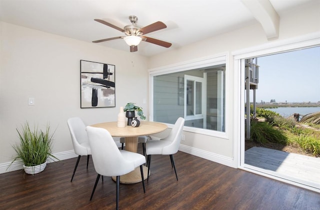 2535 Jefferson St Unit 10, Carlsbad, CA 92008 - dining room featuring wood finished floors, a ceiling fan, beam ceiling, and a water view