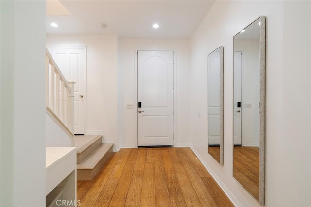 320 Bronze, Irvine, CA 92618 - foyer with light wood finished floors, stairway, and recessed lighting