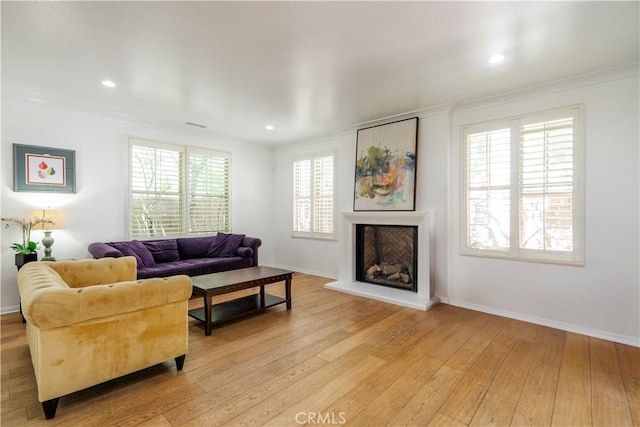 320 Bronze, Irvine, CA 92618 - living area featuring crown molding, light wood-style flooring, a fireplace with raised hearth, and recessed lighting
