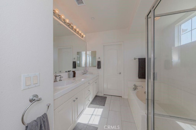 1133 Maag Pl Unit 107, Fullerton, CA 92833 - bathroom with a bath, double vanity, a shower stall, and tile patterned flooring