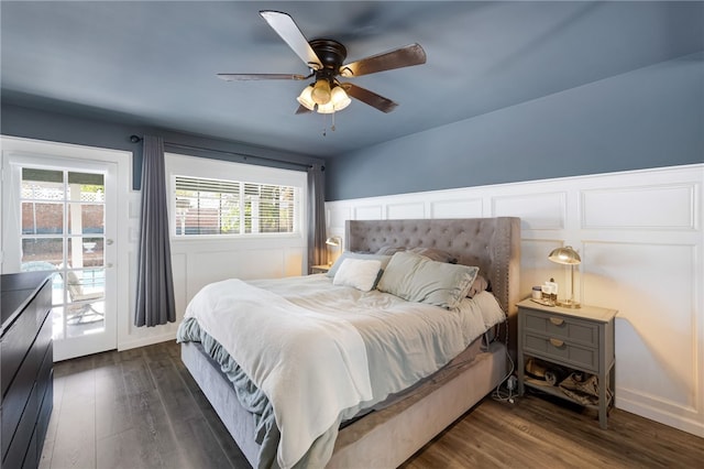 942 University Ave, Burbank, CA 91504 - bedroom featuring access to exterior, dark wood finished floors, multiple windows, and ceiling fan