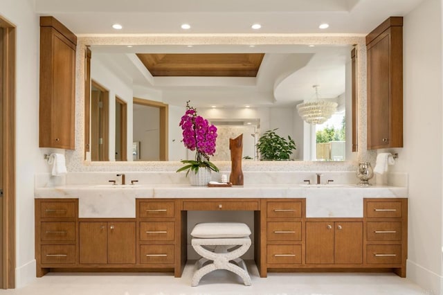 7888 Muirfield Way, Rancho Santa Fe, CA 92067 - bathroom with a tray ceiling, double vanity, recessed lighting, and a chandelier