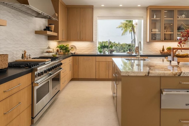 7888 Muirfield Way, Rancho Santa Fe, CA 92067 - kitchen featuring double oven range, premium range hood, tasteful backsplash, dark stone counters, and recessed lighting