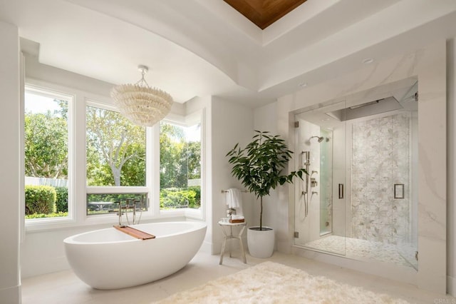 7888 Muirfield Way, Rancho Santa Fe, CA 92067 - full bathroom with plenty of natural light, a freestanding tub, a chandelier, and a stall shower