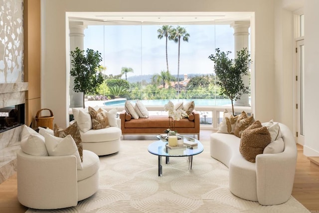 7888 Muirfield Way, Rancho Santa Fe, CA 92067 - living room with a high end fireplace and wood finished floors