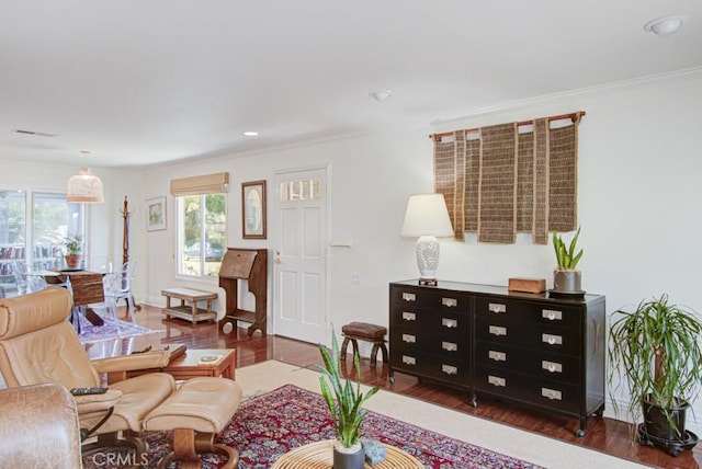 3179 Alta Vis Unit A, Laguna Woods, CA 92637 - living area featuring wood finished floors, crown molding, and recessed lighting