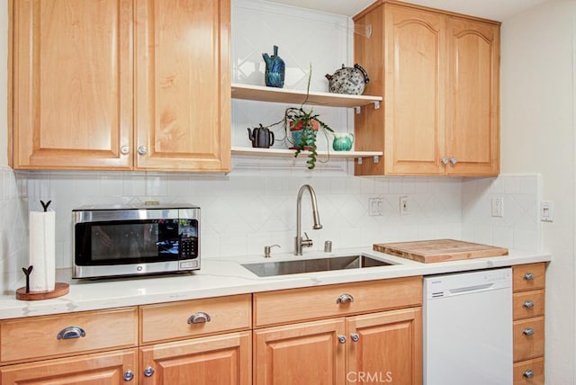 3179 Alta Vis Unit A, Laguna Woods, CA 92637 - kitchen featuring white dishwasher, stainless steel microwave, decorative backsplash, and open shelves
