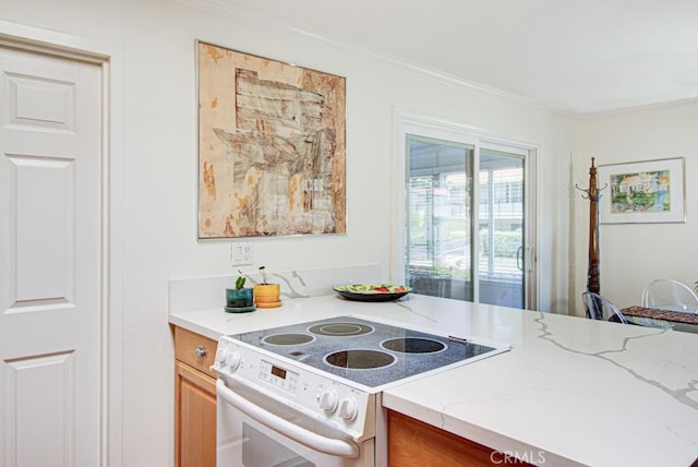3179 Alta Vis Unit A, Laguna Woods, CA 92637 - kitchen featuring white range with electric cooktop, ornamental molding, and light stone countertops