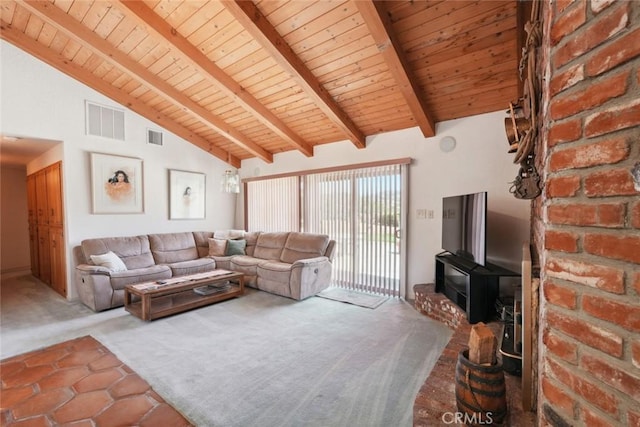 6020 Valley Sage Rd, Acton, CA 93510 - tiled living room featuring a wood ceiling with exposed beams, carpet, a wood stove, and high vaulted ceiling