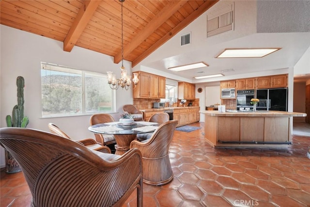 6020 Valley Sage Rd, Acton, CA 93510 - dining room with a chandelier, high vaulted ceiling, a wood ceiling with exposed beams, and tile patterned flooring