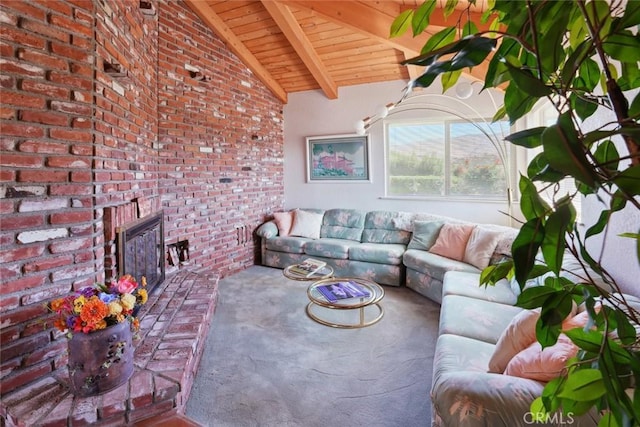 6020 Valley Sage Rd, Acton, CA 93510 - carpeted living room featuring brick wall, wooden ceiling, and a brick fireplace