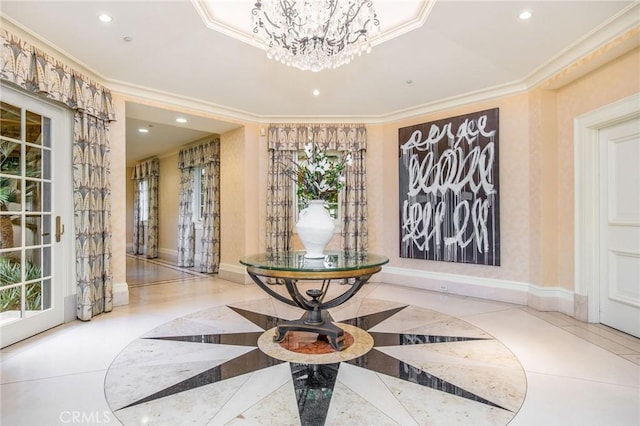 1129 Via Mirabel, Palos Verdes Estates, CA 90274 - entryway featuring inlaid floor details, recessed lighting, a chandelier, and ornamental molding