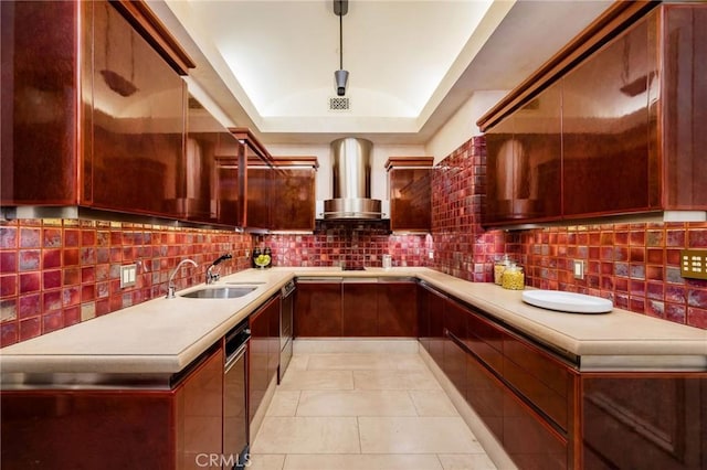 1129 Via Mirabel, Palos Verdes Estates, CA 90274 - kitchen with wall chimney exhaust hood, light countertops, dishwasher, and decorative backsplash