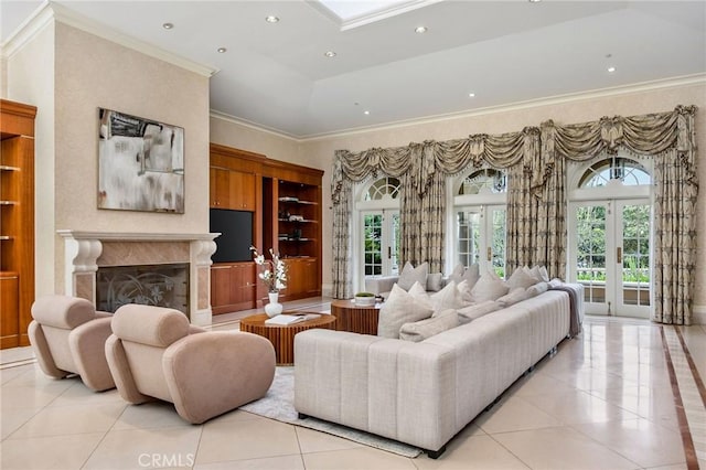 1129 Via Mirabel, Palos Verdes Estates, CA 90274 - living area featuring french doors, healthy amount of natural light, light tile patterned floors, ornamental molding, and recessed lighting