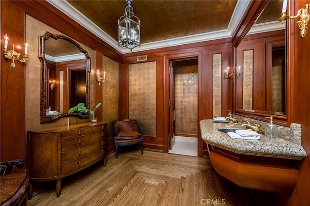 1129 Via Mirabel, Palos Verdes Estates, CA 90274 - full bath featuring crown molding, vanity, a chandelier, and a raised ceiling