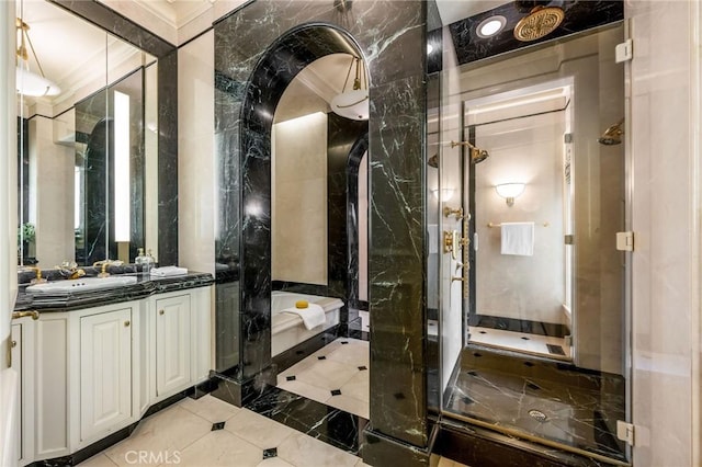 1129 Via Mirabel, Palos Verdes Estates, CA 90274 - full bathroom featuring vanity, a shower stall, marble tiled flooring, a garden tub, and tile walls