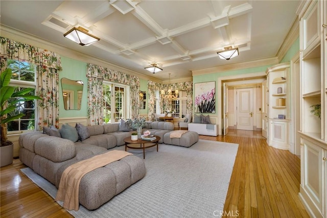 1129 Via Mirabel, Palos Verdes Estates, CA 90274 - living area featuring coffered ceiling, light wood-style floors, ornamental molding, beam ceiling, and a wainscoted wall