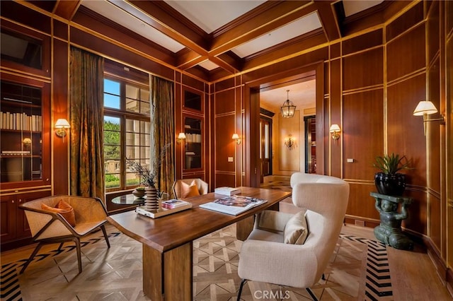 1129 Via Mirabel, Palos Verdes Estates, CA 90274 - office space with crown molding, coffered ceiling, beam ceiling, a decorative wall, and wooden walls