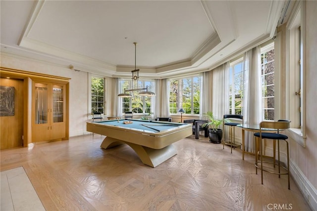 1129 Via Mirabel, Palos Verdes Estates, CA 90274 - recreation room featuring a tray ceiling, plenty of natural light, pool table, and crown molding