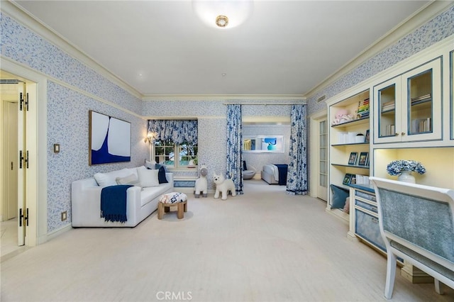 1129 Via Mirabel, Palos Verdes Estates, CA 90274 - carpeted living area with wallpapered walls and ornamental molding