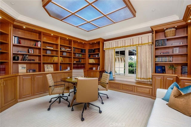 1129 Via Mirabel, Palos Verdes Estates, CA 90274 - office featuring light colored carpet, ornamental molding, and built in study area