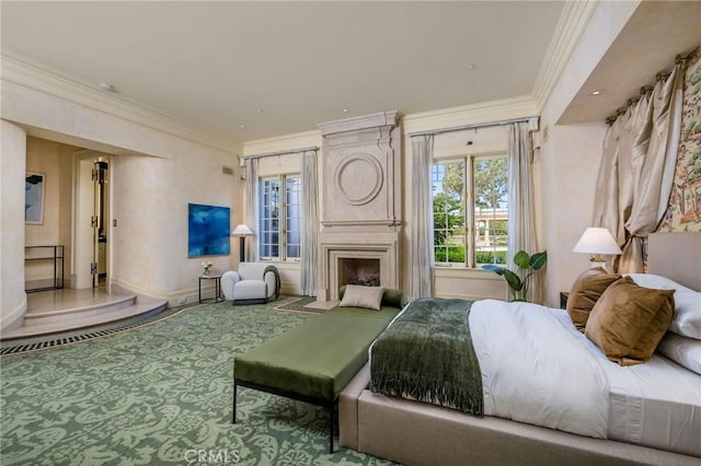 1129 Via Mirabel, Palos Verdes Estates, CA 90274 - bedroom featuring multiple windows, ornamental molding, and a fireplace